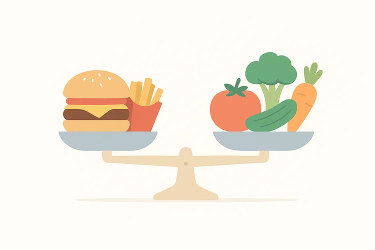 不健康な食習慣の代表例を表すミニマリストイラスト、朝食欠食やコンビニ依存などを象徴