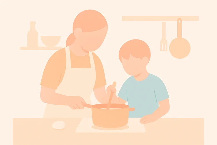 忙しい30代親と子どもが一緒に料理をする様子を描いたミニマリストイラスト、不健康な食習慣からの改善を示す